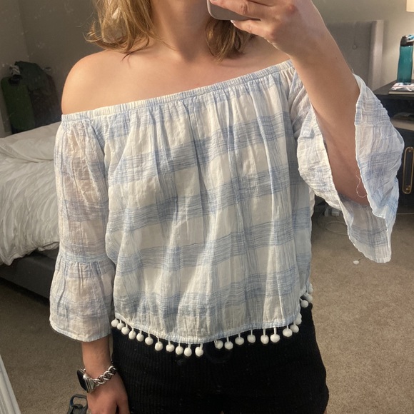 Abbeline Blue and White Checkered Off The Shoulder Top XS - Picture 2 of 13
